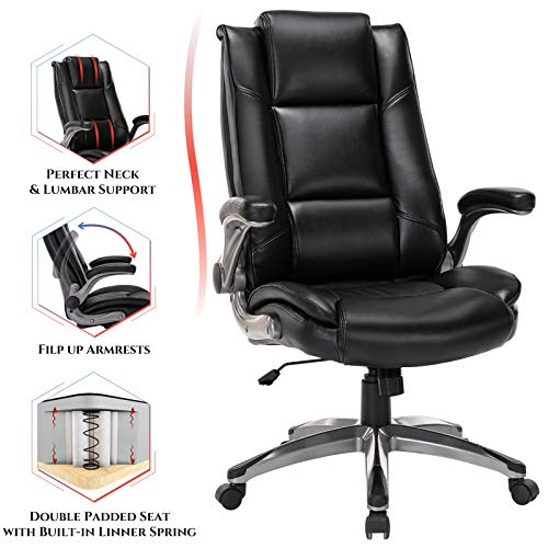 COLAMY Office Chair High Back Executive Leather Desk Chair, Ergonomic Flip Arms Adjustable Swivel Thick Padding Home Office - Black