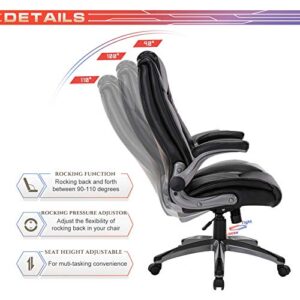 COLAMY Office Chair High Back Executive Leather Desk Chair, Ergonomic Flip Arms Adjustable Swivel Thick Padding Home Office - Black