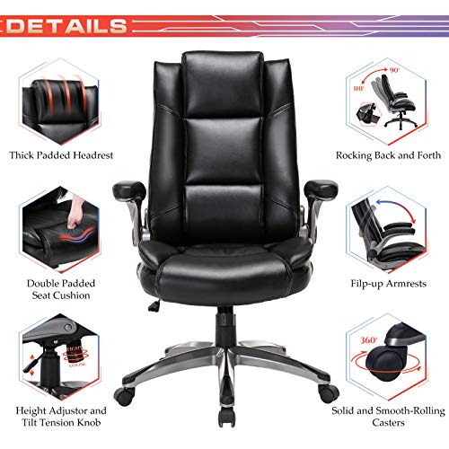 COLAMY Office Chair High Back Executive Leather Desk Chair, Ergonomic Flip Arms Adjustable Swivel Thick Padding Home Office - Black