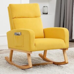 yuuijoaa nursery rocking glider chair - modern accent chairs upholstered velvet rocker padded armchair with side pocket for living room bedroom yellow