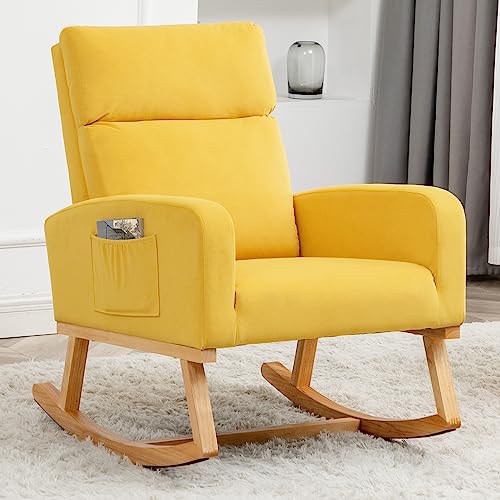 YUUIJOAA Nursery Rocking Glider Chair - Modern Accent Chairs Upholstered Velvet Rocker Padded Armchair with Side Pocket for Living Room Bedroom Yellow