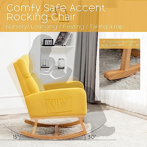 YUUIJOAA Nursery Rocking Glider Chair - Modern Accent Chairs Upholstered Velvet Rocker Padded Armchair with Side Pocket for Living Room Bedroom Yellow