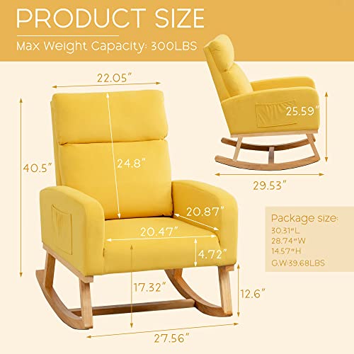 YUUIJOAA Nursery Rocking Glider Chair - Modern Accent Chairs Upholstered Velvet Rocker Padded Armchair with Side Pocket for Living Room Bedroom Yellow