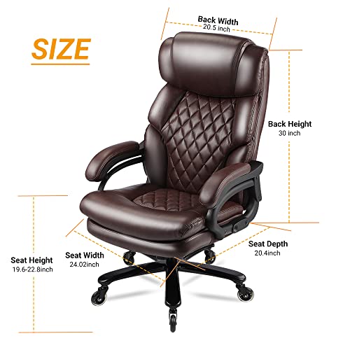 400lbs Big and Tall Office Chair Wide Spring Seat Executive Office Chair for Heavy People Home Office Desk Chair with Heavy Duty Casters 360 Swivel Chair High Back Computer PU Leather Chair (BROWN)