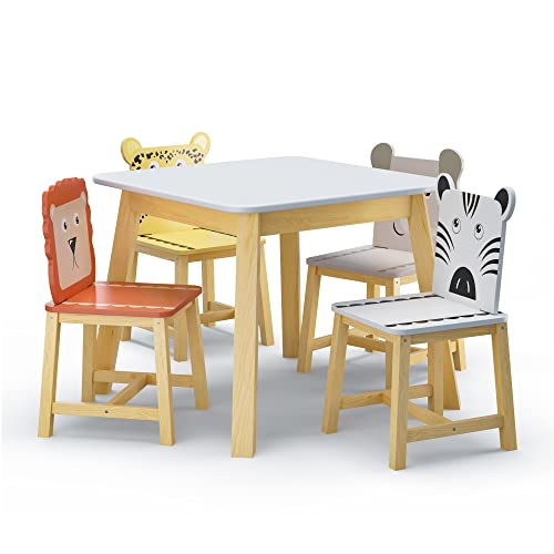 MASISDAOZ Kids Table and Chair Set, 5 Piece Kiddy Table and Chair Set, Kids Wood Table with 4 Chairs Set Cartoon Animals Toddler Table and Chair Set, 3-8 Years Old