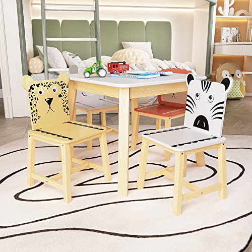 MASISDAOZ Kids Table and Chair Set, 5 Piece Kiddy Table and Chair Set, Kids Wood Table with 4 Chairs Set Cartoon Animals Toddler Table and Chair Set, 3-8 Years Old