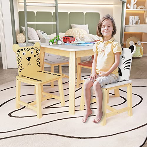 MASISDAOZ Kids Table and Chair Set, 5 Piece Kiddy Table and Chair Set, Kids Wood Table with 4 Chairs Set Cartoon Animals Toddler Table and Chair Set, 3-8 Years Old