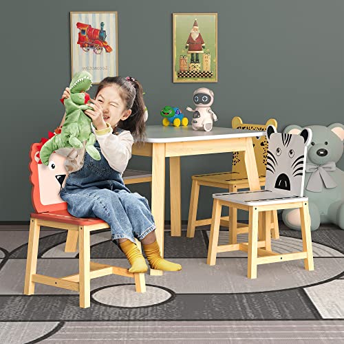 MASISDAOZ Kids Table and Chair Set, 5 Piece Kiddy Table and Chair Set, Kids Wood Table with 4 Chairs Set Cartoon Animals Toddler Table and Chair Set, 3-8 Years Old