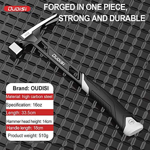OUDISI Frame Hammer -16OZ Straight Claw Hammer, Integrally Forged Magnetic Roof Hammer With Magnetic Nail Puller, Shock-Absorbing Handle Nail Hammer, Steel Hammer, Hammer Tool