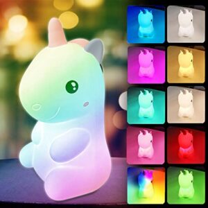 ravetone unicorn led night lights, silicone smart voice activated color-changing 9 colors 6 lighting modes rechargeable dimmable cute nightlight lamp for kids baby toddler nursery bedroom gift large