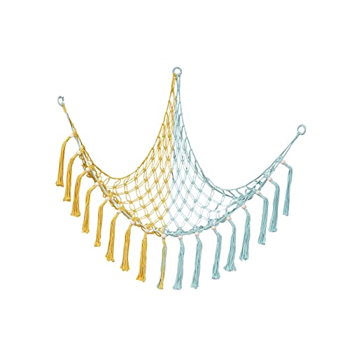 figatia Stuffed Animal Toy Storage Hammock, Macrame Room Corner Organizer Mesh Decoration, Hanging Storage Nets Kids Bedroom, Yellow and Blue, 100cmx100cmx130cm