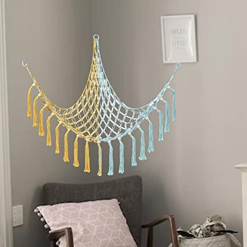 figatia Stuffed Animal Toy Storage Hammock, Macrame Room Corner Organizer Mesh Decoration, Hanging Storage Nets Kids Bedroom, Yellow and Blue, 100cmx100cmx130cm