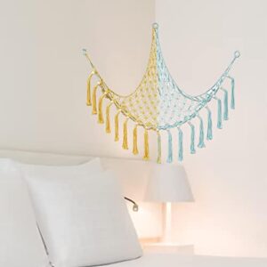 figatia Stuffed Animal Toy Storage Hammock, Macrame Room Corner Organizer Mesh Decoration, Hanging Storage Nets Kids Bedroom, Yellow and Blue, 100cmx100cmx130cm