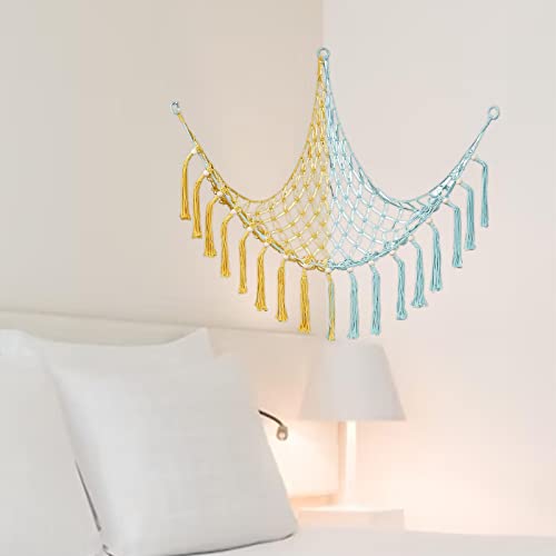 figatia Stuffed Animal Toy Storage Hammock, Macrame Room Corner Organizer Mesh Decoration, Hanging Storage Nets Kids Bedroom, Yellow and Blue, 100cmx100cmx130cm