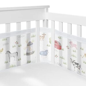 sweet jojo designs + breathablebaby farm animals boy girl breathable mesh crib liner anti-bumper baby infant gender neutral watercolor farmhouse barn horse cow sheep chickens nature trees gray green