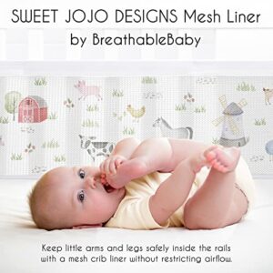Sweet Jojo Designs + BreathableBaby Farm Animals Boy Girl Breathable Mesh Crib Liner Anti-Bumper Baby Infant Gender Neutral Watercolor Farmhouse Barn Horse Cow Sheep Chickens Nature Trees Gray Green