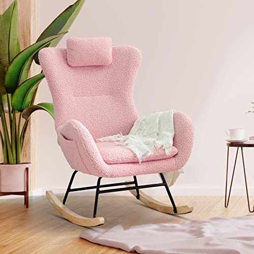 Kvutx Teddy Upholstered Nursery Rocking Chair - Comfy Pink Glider Rocker with Padded Seat, High Backrest, and Armrests for Living Room Bedroom Offices (Pink)