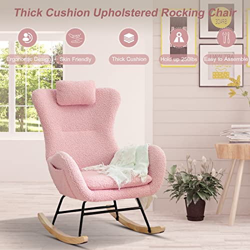 Kvutx Teddy Upholstered Nursery Rocking Chair - Comfy Pink Glider Rocker with Padded Seat, High Backrest, and Armrests for Living Room Bedroom Offices (Pink)