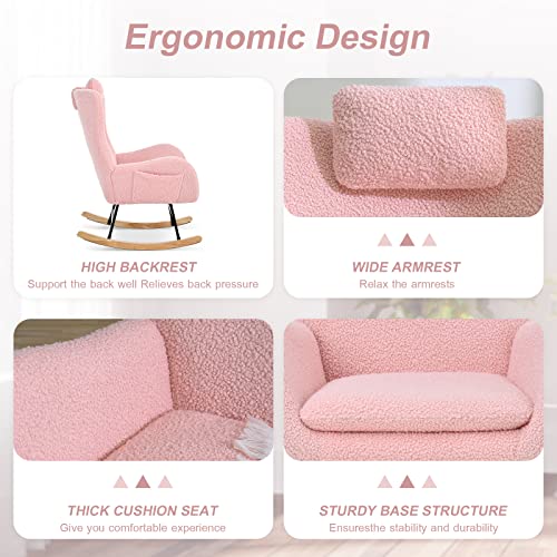 Kvutx Teddy Upholstered Nursery Rocking Chair - Comfy Pink Glider Rocker with Padded Seat, High Backrest, and Armrests for Living Room Bedroom Offices (Pink)