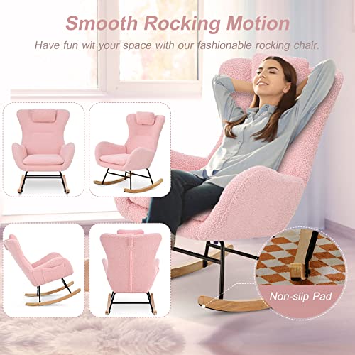 Kvutx Teddy Upholstered Nursery Rocking Chair - Comfy Pink Glider Rocker with Padded Seat, High Backrest, and Armrests for Living Room Bedroom Offices (Pink)