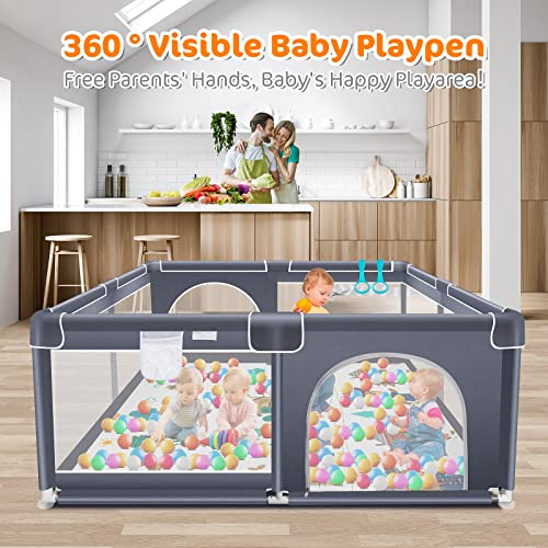 Suposeu Baby Playpen with Mat, 71"x59" Extra Large Playpen for Babies and Toddlers, Indoor & Outdoor Play Yard, Sturdy Safety Fence with Soft Breathable Mesh, Gray