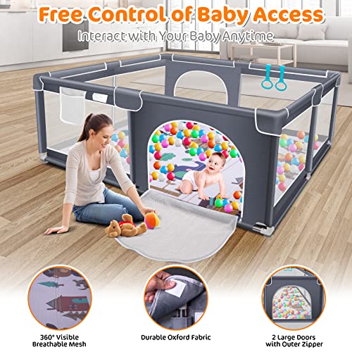 Suposeu Baby Playpen with Mat, 71"x59" Extra Large Playpen for Babies and Toddlers, Indoor & Outdoor Play Yard, Sturdy Safety Fence with Soft Breathable Mesh, Gray