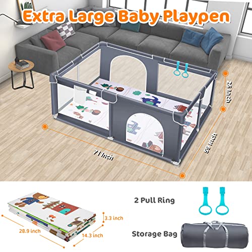 Suposeu Baby Playpen with Mat, 71"x59" Extra Large Playpen for Babies and Toddlers, Indoor & Outdoor Play Yard, Sturdy Safety Fence with Soft Breathable Mesh, Gray