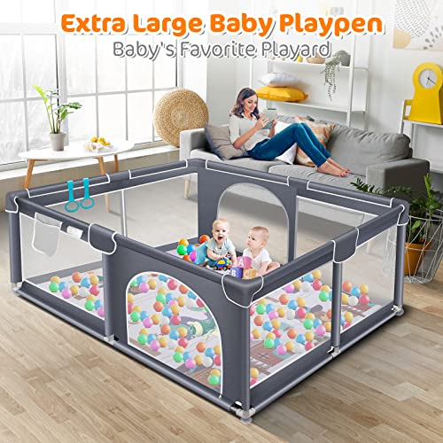 Suposeu Baby Playpen with Mat, 71"x59" Extra Large Playpen for Babies and Toddlers, Indoor & Outdoor Play Yard, Sturdy Safety Fence with Soft Breathable Mesh, Gray