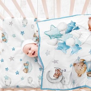 Mixweer 3 Pcs Cloud Balloon Bear Theme Crib Bedding Set for Boys Baby Nursery Mini Crib Bedding Set Comforter Sets Blue Gender Neutral Standard Size Crib Fitted Sheet, Comforter, Crib Skirt, for Girl