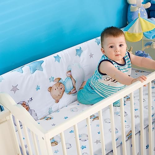 Mixweer 3 Pcs Cloud Balloon Bear Theme Crib Bedding Set for Boys Baby Nursery Mini Crib Bedding Set Comforter Sets Blue Gender Neutral Standard Size Crib Fitted Sheet, Comforter, Crib Skirt, for Girl