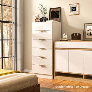 GipGiper Dresser for Bedroom with 6 Drawers, Tall White Dresser for Closet, Living Room, Nursery, Modern Storage Cabinet with Full High Glossy Panel, 13.7''D x 18.5''W x 43.3''H (Glacier White)