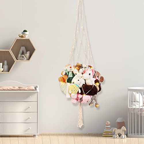 Stuffed Animal Hammock with LED Light Macrame Net for Stuffed Animals Corner Hanging Stuffed Animal Net Toy Hammock Stuffed Animals Storage for Kids Toy Storage