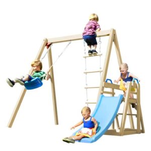 kiriner wooden swing set with slide, outdoor playset backyard activity playground climb swing outdoor play structure for toddlers, ready to assemble wooden swing-n-slide set kids climbers natural
