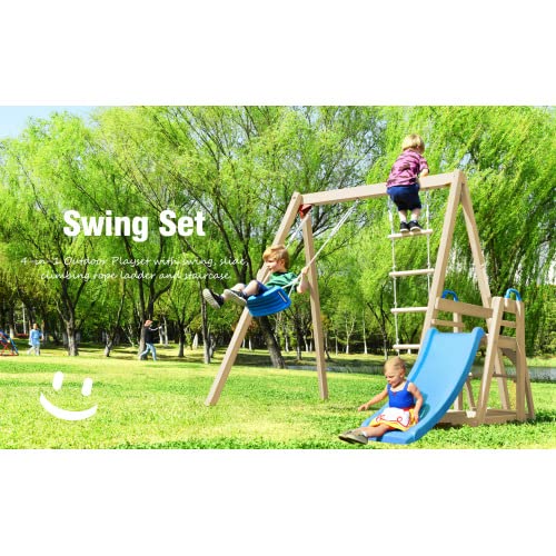 Kiriner Wooden Swing Set with Slide, Outdoor Playset Backyard Activity Playground Climb Swing Outdoor Play Structure for Toddlers, Ready to Assemble Wooden Swing-N-Slide Set Kids Climbers Natural