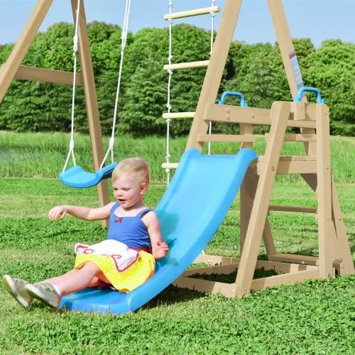 Kiriner Wooden Swing Set with Slide, Outdoor Playset Backyard Activity Playground Climb Swing Outdoor Play Structure for Toddlers, Ready to Assemble Wooden Swing-N-Slide Set Kids Climbers Natural