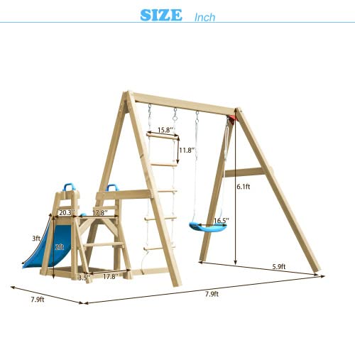 Kiriner Wooden Swing Set with Slide, Outdoor Playset Backyard Activity Playground Climb Swing Outdoor Play Structure for Toddlers, Ready to Assemble Wooden Swing-N-Slide Set Kids Climbers Natural