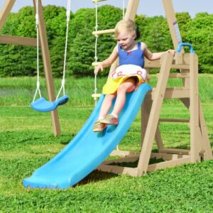 Kiriner Wooden Swing Set with Slide, Outdoor Playset Backyard Activity Playground Climb Swing Outdoor Play Structure for Toddlers, Ready to Assemble Wooden Swing-N-Slide Set Kids Climbers Natural