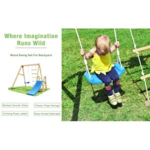 Kiriner Wooden Swing Set with Slide, Outdoor Playset Backyard Activity Playground Climb Swing Outdoor Play Structure for Toddlers, Ready to Assemble Wooden Swing-N-Slide Set Kids Climbers Natural