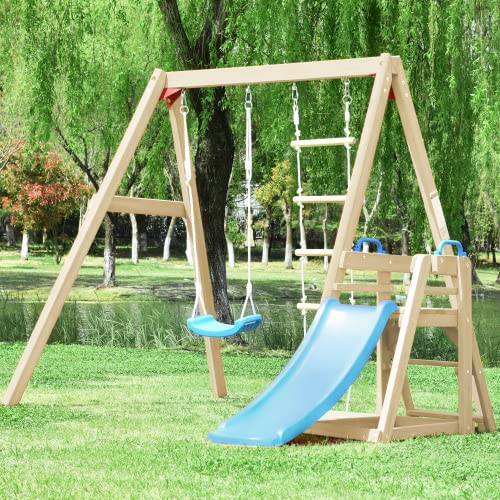 Kiriner Wooden Swing Set with Slide, Outdoor Playset Backyard Activity Playground Climb Swing Outdoor Play Structure for Toddlers, Ready to Assemble Wooden Swing-N-Slide Set Kids Climbers Natural