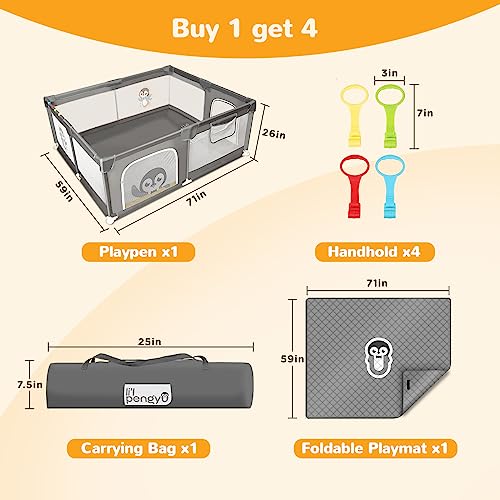 Baby Playpen for Babies and Toddlers with Mat, 71x59 inch Extra Large Baby Playard No Gaps for Indoor & Outdoor, Portable Toddler Playpen with Bag, Anti-Slip Base, (Gray), Li'l Pengyu