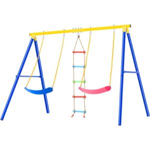 kiriner outdoor toddler swing set for backyard, playground swing sets with climbing ladder, swing and climbing playset for kids blue