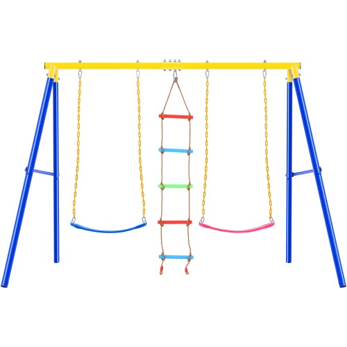 Kiriner Outdoor Toddler Swing Set for Backyard, Playground Swing Sets with Climbing Ladder, Swing and Climbing Playset for Kids Blue