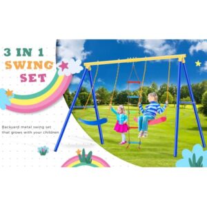 Kiriner Outdoor Toddler Swing Set for Backyard, Playground Swing Sets with Climbing Ladder, Swing and Climbing Playset for Kids Blue