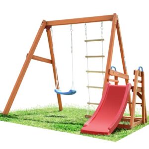 kiriner wooden swing set with slide, outdoor playset backyard activity playground climb swing outdoor play structure for toddlers, ready to assemble wooden swing-n-slide set kids climbers