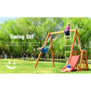 Kiriner Wooden Swing Set with Slide, Outdoor Playset Backyard Activity Playground Climb Swing Outdoor Play Structure for Toddlers, Ready to Assemble Wooden Swing-N-Slide Set Kids Climbers