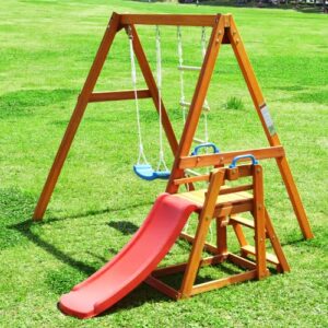 Kiriner Wooden Swing Set with Slide, Outdoor Playset Backyard Activity Playground Climb Swing Outdoor Play Structure for Toddlers, Ready to Assemble Wooden Swing-N-Slide Set Kids Climbers