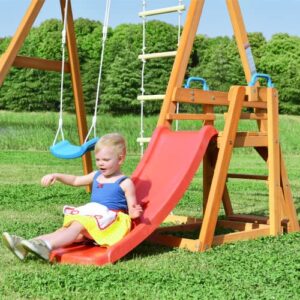 Kiriner Wooden Swing Set with Slide, Outdoor Playset Backyard Activity Playground Climb Swing Outdoor Play Structure for Toddlers, Ready to Assemble Wooden Swing-N-Slide Set Kids Climbers