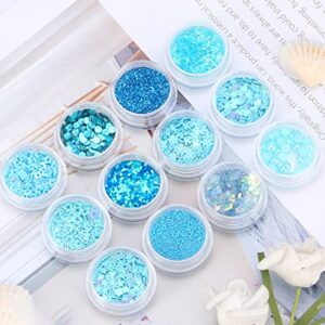 Nail Art Sequins Sets Glitter Mermaid Powder, 12 Grids Glitter Sequins Set Nail Art Accessories (Blue)