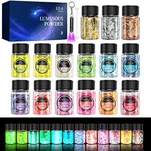 osbang glow in the dark glitter 15 jar - 12 colors glow glitter and 3 colors gold foil flakes, high luminous glitter for resin crafts, cosmetic, nail, glowing dye for diy