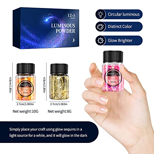 OSBANG Glow in The Dark Glitter 15 Jar - 12 Colors Glow Glitter and 3 Colors Gold Foil Flakes, High Luminous Glitter for Resin Crafts, Cosmetic, Nail, Glowing Dye for DIY